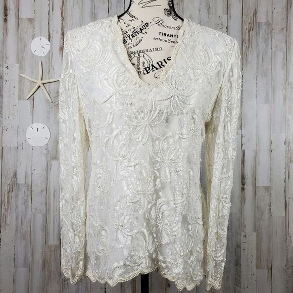 Vintage Laurence Kazar Beaded Lace Blouse Ivory Size Medium - Picture 1 of 12
